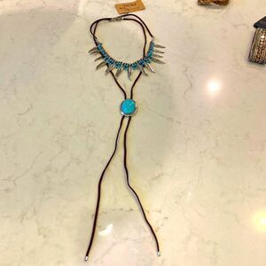 Brown suede faux turquoise silver color beaded feathers brand new